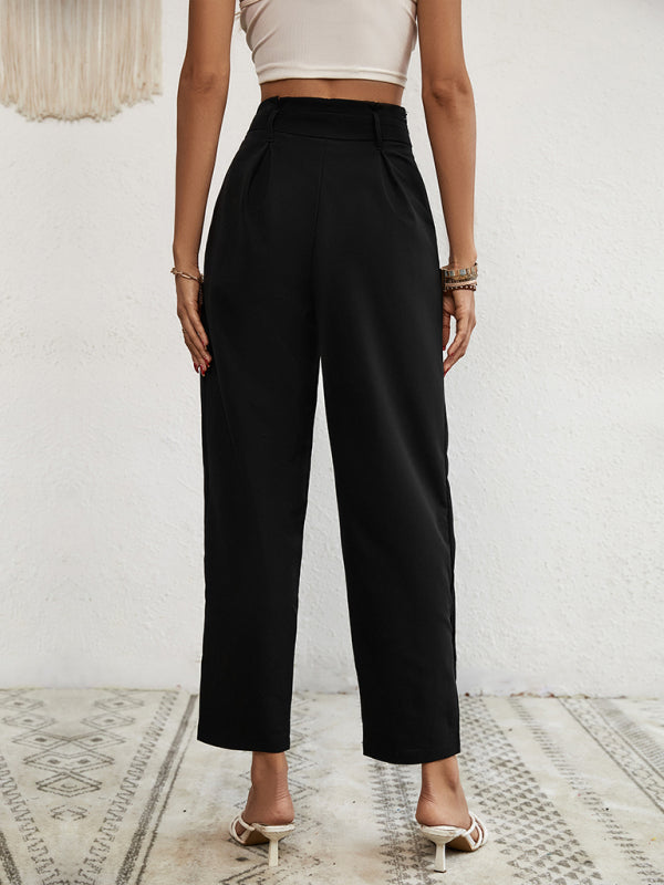 Trousers- Solid Rise Trousers, Fancy Side Buttons, Belted Pants- - Pekosa Women Clothing