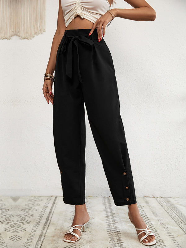 Trousers- Solid Rise Trousers, Fancy Side Buttons, Belted Pants- - Pekosa Women Clothing
