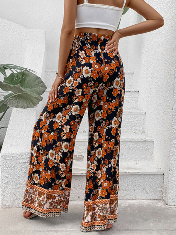 Trousers- Women's Floral Wide Leg Pants - High Rise, Pockets Pants- - Pekosa Women Clothing