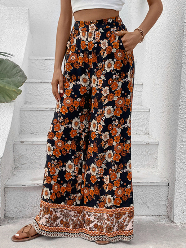 Trousers- Women's Floral Wide Leg Pants - High Rise, Pockets Pants- - Pekosa Women Clothing