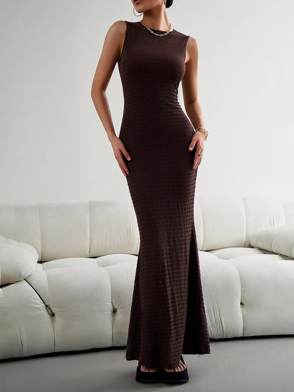 Trumpet Dresses- Casual Textured Trumpet Sleeveless Maxi Dress- - Pekosa Women Clothing