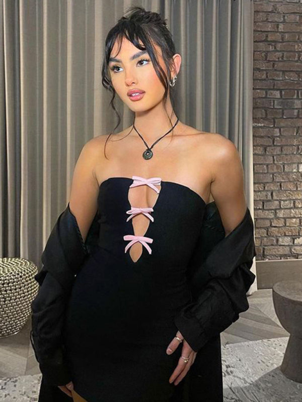 Tube Dresses- Strapless Mini Dress with Lace-up Bow Detail- - Pekosa Women Clothing
