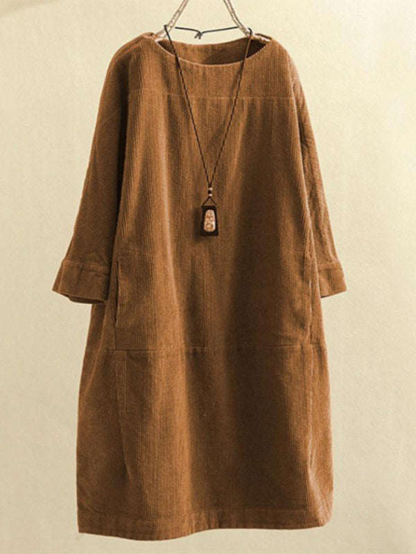 Tunic Dresses- Essential Oversized Corduroy Tunic Dress with 3/4 Sleeves- Brown- Pekosa Women Clothing