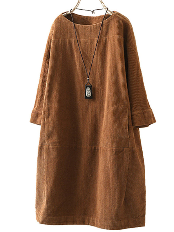 Tunic Dresses- Essential Oversized Corduroy Tunic Dress with 3/4 Sleeves- - Pekosa Women Clothing