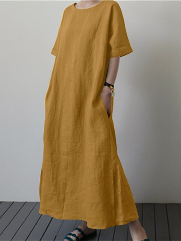 Tunic Dresses- Solid Cotton-Linen Tunic Maxi Dress- - Pekosa Women Clothing