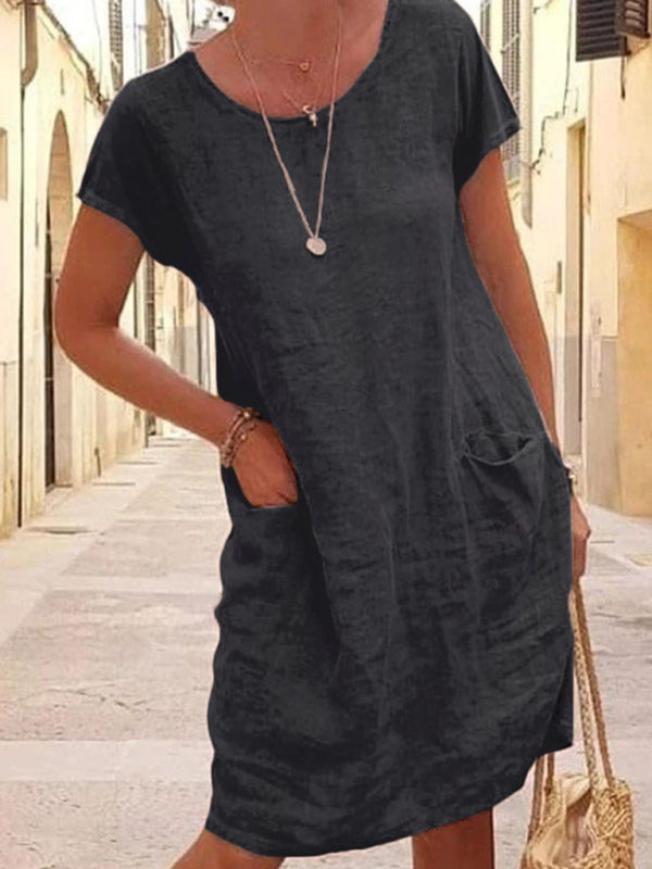 Tunic Dresses- Solid Linen Short Sleeve Tunic Dress for Summer- Black- Pekosa Women Clothing