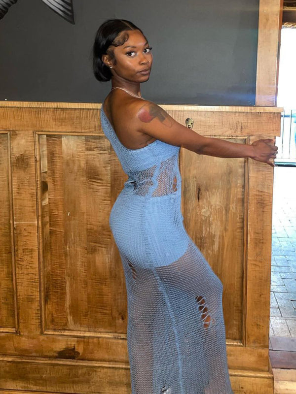 Vacation Dresses- One-Shoulder Maxi Mesh Dress for Beach Party- - Pekosa Women Clothing