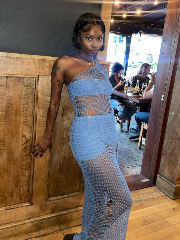 Vacation Dresses- One-Shoulder Maxi Mesh Dress for Beach Party- - Pekosa Women Clothing