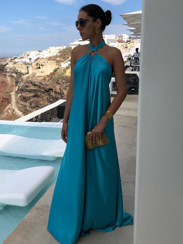 Vacation Dresses- Solid Satin Halter Backless Maxi Dress for Vacation- - Pekosa Women Clothing