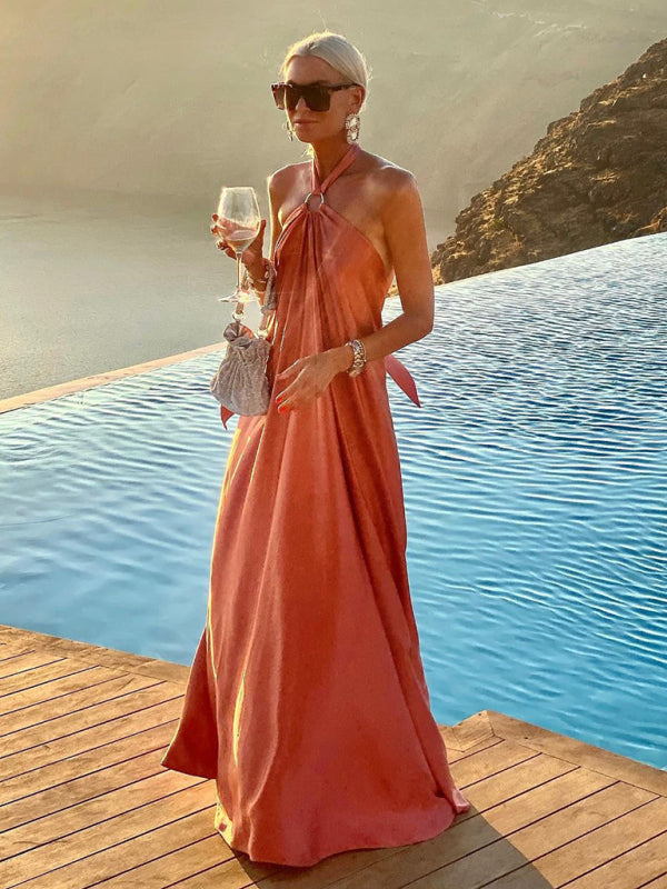 Vacation Dresses- Solid Satin Halter Backless Maxi Dress for Vacation- - Pekosa Women Clothing