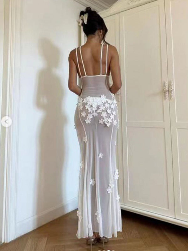Vacation Dresses- Summer Wedding Elegance V-Neck See-Through Maxi Dress- - Pekosa Women Clothing