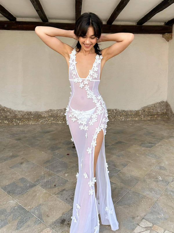 Vacation Dresses- Summer Wedding Elegance V-Neck See-Through Maxi Dress- - Pekosa Women Clothing