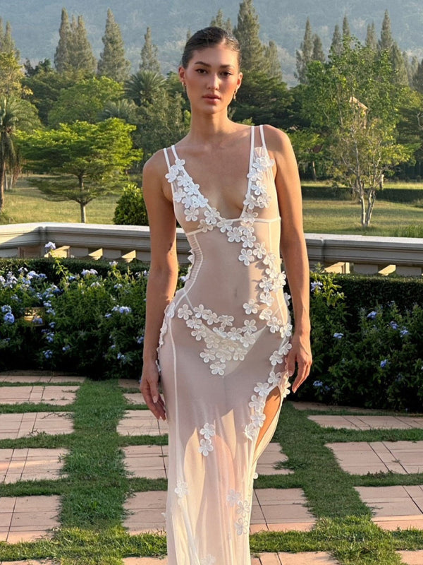 Vacation Dresses- Summer Wedding Elegance V-Neck See-Through Maxi Dress- White- Pekosa Women Clothing