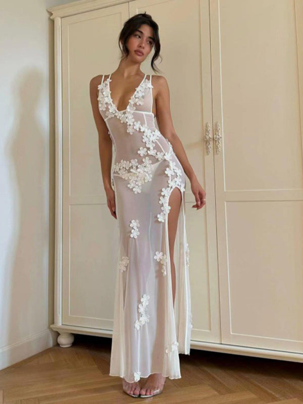 Vacation Dresses- Summer Wedding Elegance V-Neck See-Through Maxi Dress- - Pekosa Women Clothing