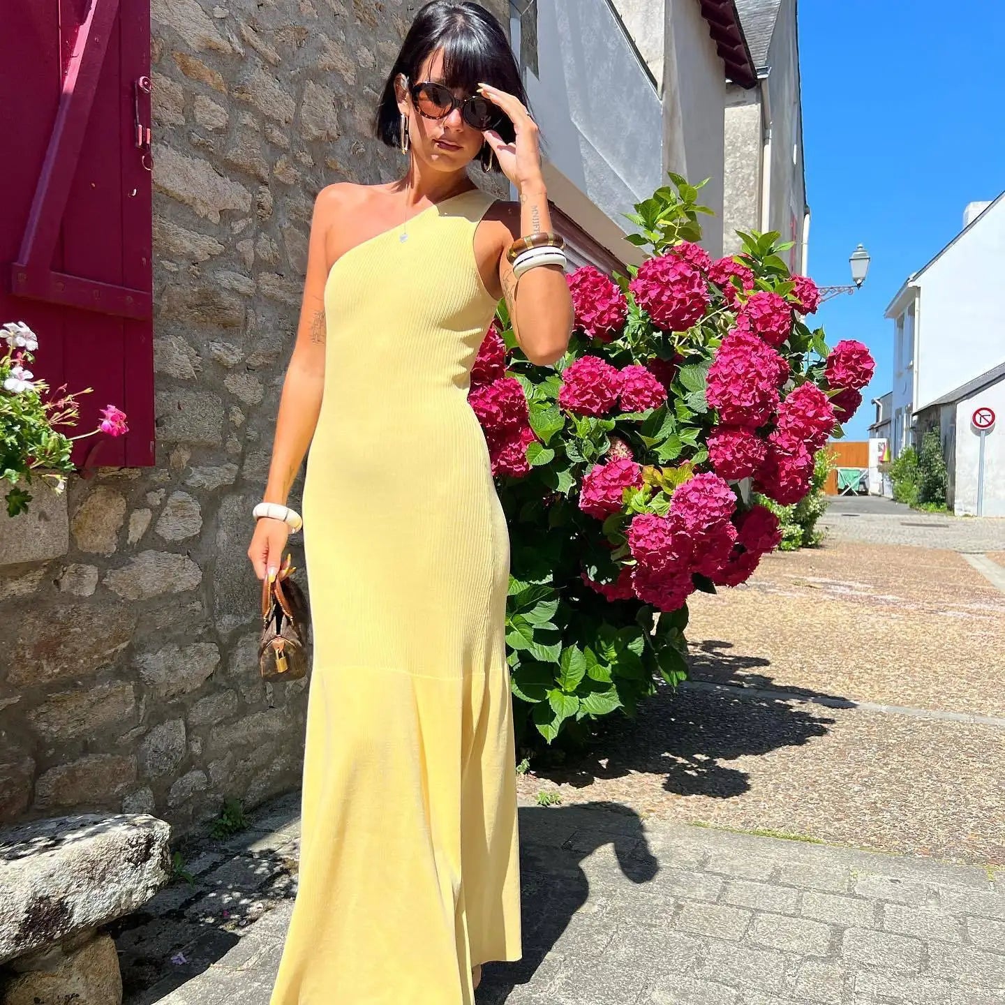 Vacation Dresses- Women's Knit Mermaid Maxi Dress - One-Shoulder Trumpet Dress- - Chuzko Women Clothing