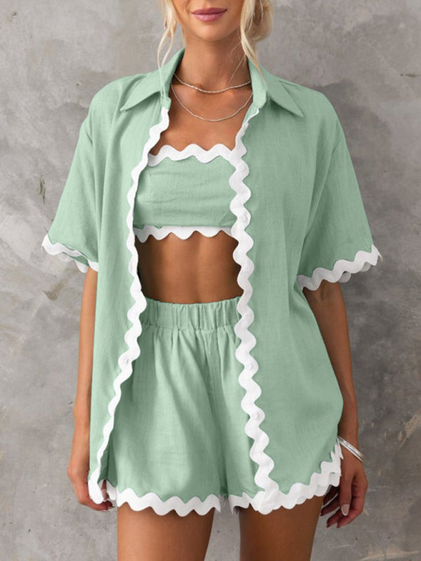 Vacation outfit- Summer Vacation 2-Piece Wave Contrast Lace Shirt and Shorts- - Pekosa Women Clothing