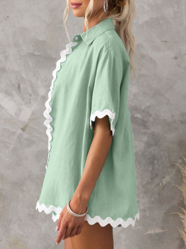 Vacation outfit- Summer Vacation 2-Piece Wave Contrast Lace Shirt and Shorts- - Pekosa Women Clothing