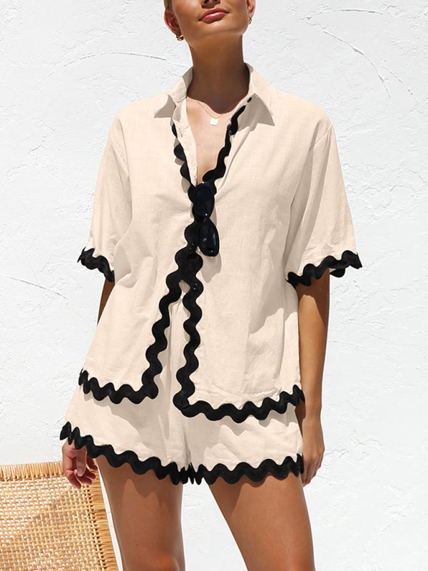 Vacation outfit- Summer Vacation 2-Piece Wave Contrast Lace Shirt and Shorts- - Pekosa Women Clothing