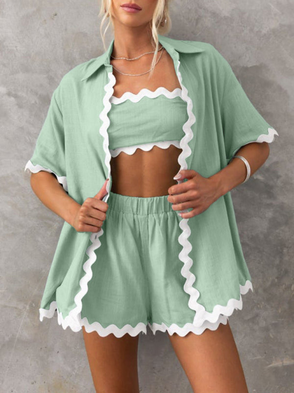 Vacation outfit- Summer Vacation 2-Piece Wave Contrast Lace Shirt and Shorts- Green- Pekosa Women Clothing