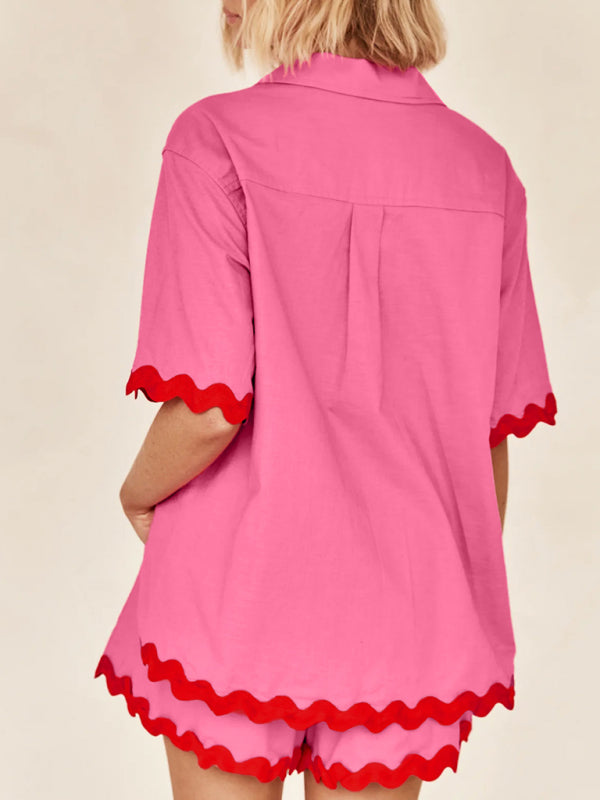 Vacation outfit- Summer Vacation 2-Piece Wave Contrast Lace Shirt and Shorts- - Pekosa Women Clothing