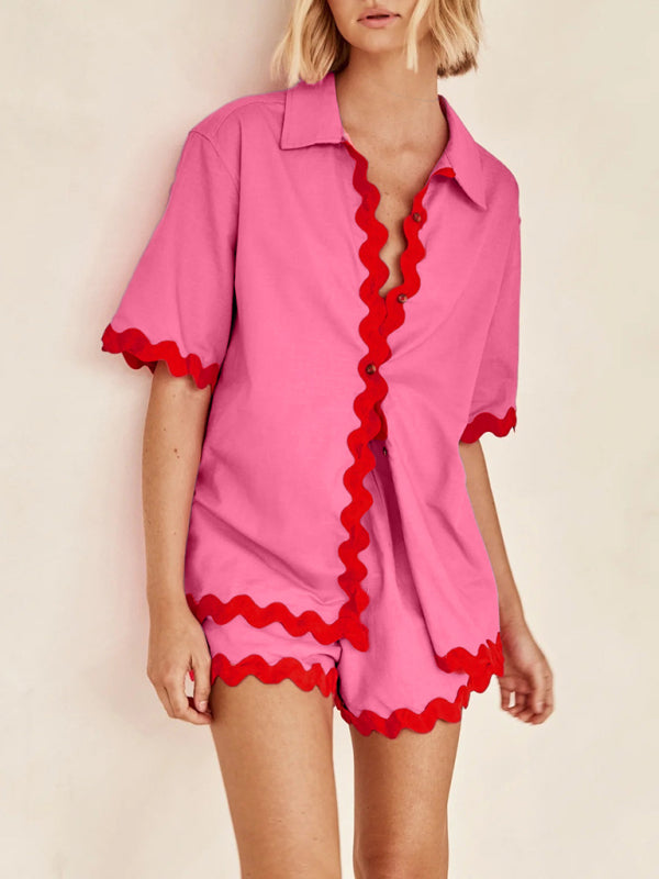 Vacation outfit- Summer Vacation 2-Piece Wave Contrast Lace Shirt and Shorts- - Pekosa Women Clothing