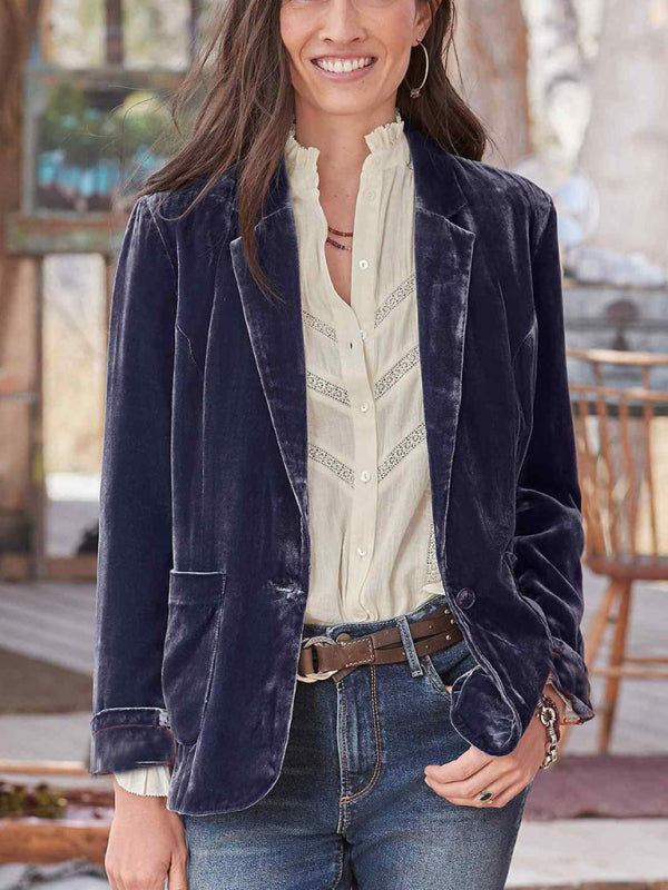 Velvet Blazers- Elegant Notch Lapel Single-Breasted Velour Blazer in Velvet- Purple- Pekosa Women Clothing
