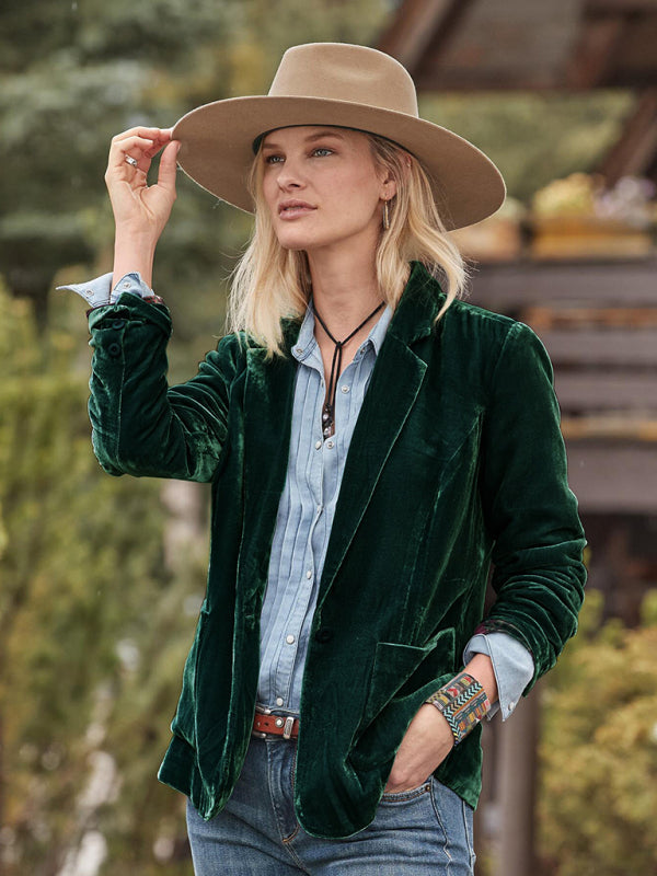 Velvet Blazers- Elegant Notch Lapel Single-Breasted Velour Blazer in Velvet- - Pekosa Women Clothing