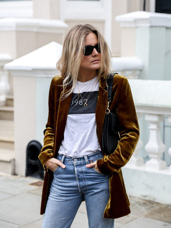 Velvet Blazers- Velvet Mid-Length Jacket Blazer Tailored for Autumn- - Pekosa Women Clothing