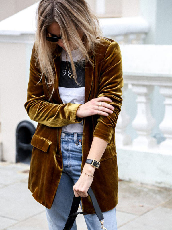 Velvet Blazers- Velvet Mid-Length Jacket Blazer Tailored for Autumn- Ginger yellow- Pekosa Women Clothing