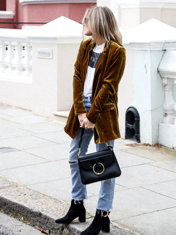 Velvet Blazers- Velvet Mid-Length Jacket Blazer Tailored for Autumn- - Pekosa Women Clothing