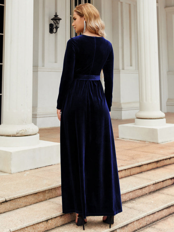 Velvet Dresses- Holiday Autumn Winter Velvet Tie-Belt Maxi Dress- - Pekosa Women Clothing