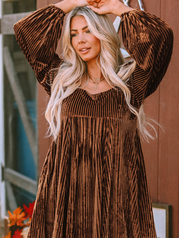 Velvet Dresses- Velvet Corduroy Golden Empire Dress - Square Neck Elegance with Lantern Sleeves- - Pekosa Women Clothing