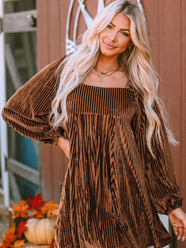 Velvet Dresses- Velvet Corduroy Golden Empire Dress - Square Neck Elegance with Lantern Sleeves- - Pekosa Women Clothing