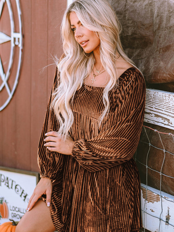 Velvet Dresses- Velvet Corduroy Golden Empire Dress - Square Neck Elegance with Lantern Sleeves- - Pekosa Women Clothing