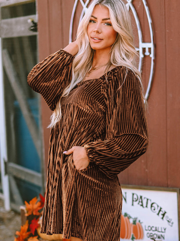 Velvet Dresses- Velvet Corduroy Golden Empire Dress - Square Neck Elegance with Lantern Sleeves- - Pekosa Women Clothing