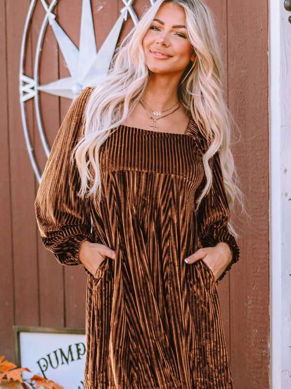 Velvet Dresses- Velvet Corduroy Golden Empire Dress - Square Neck Elegance with Lantern Sleeves- Brown- Pekosa Women Clothing
