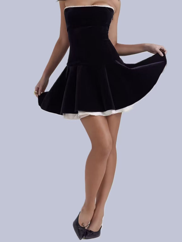 Velvet Dresses- Vintage Couture Strapless Tube Mini Dress in Velvet with Lace-Up Back- - Pekosa Women Clothing