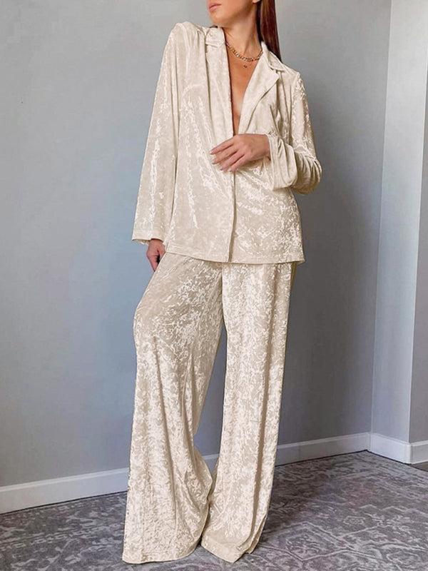 Velvet Outfits- Velvet Blazer Jacket & Elastic Waist Pants - 2-Piece Cozy Lounge- Cream- Pekosa Women Clothing