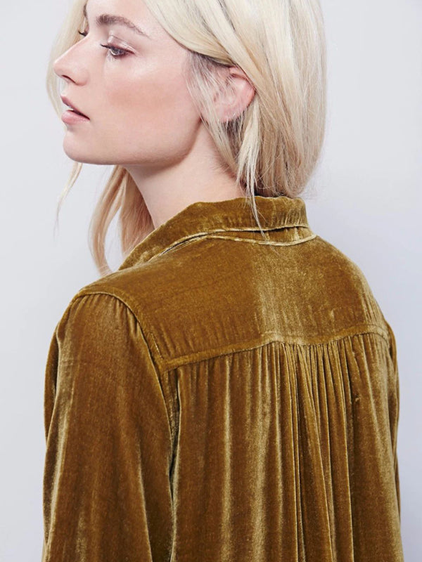 Velvet Tops- Autumn Winter Velvet Mid-Length Long Sleeve Collared Shirt Top- - Pekosa Women Clothing