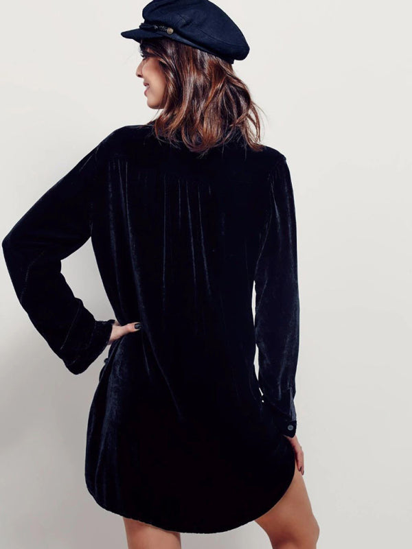 Velvet Tops- Autumn Winter Velvet Mid-Length Long Sleeve Collared Shirt Top- - Pekosa Women Clothing