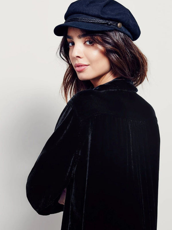 Velvet Tops- Autumn Winter Velvet Mid-Length Long Sleeve Collared Shirt Top- - Pekosa Women Clothing