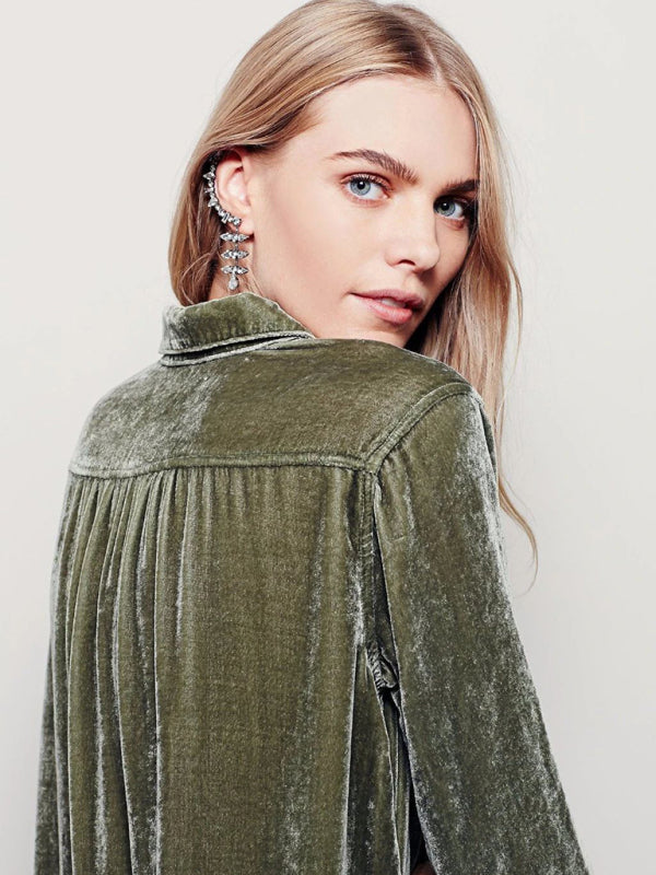 Velvet Tops- Autumn Winter Velvet Mid-Length Long Sleeve Collared Shirt Top- - Pekosa Women Clothing