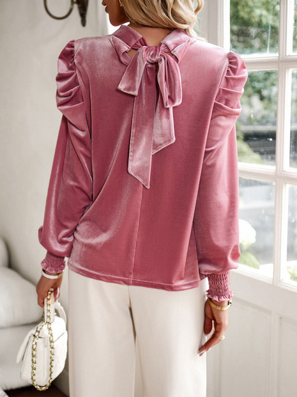 Velvet Tops- Winter High Neck Velvet Blouse with Puff Sleeves and Bowknot Back- - Pekosa Women Clothing
