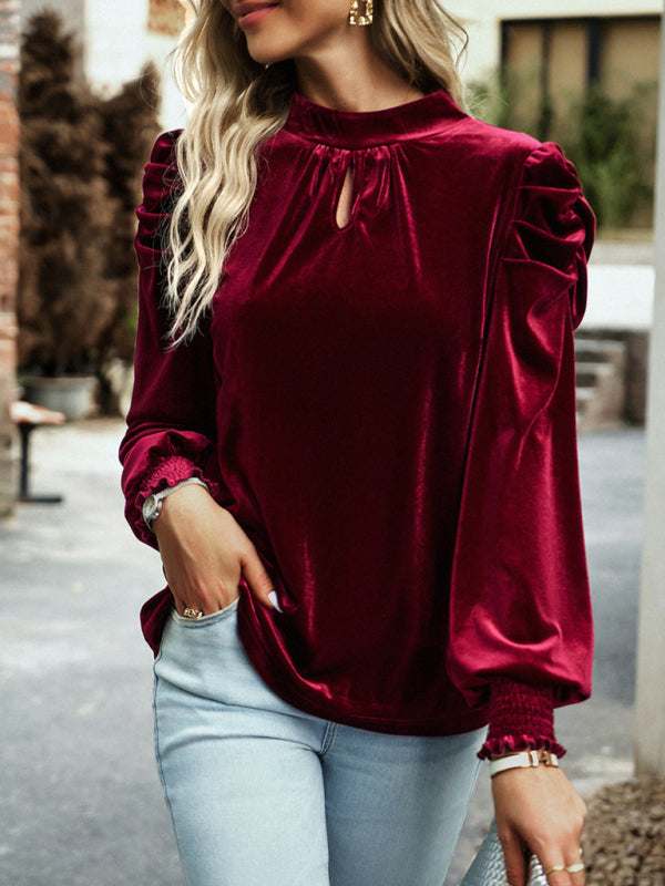 Velvet Tops- Winter High Neck Velvet Blouse with Puff Sleeves and Bowknot Back- - Pekosa Women Clothing