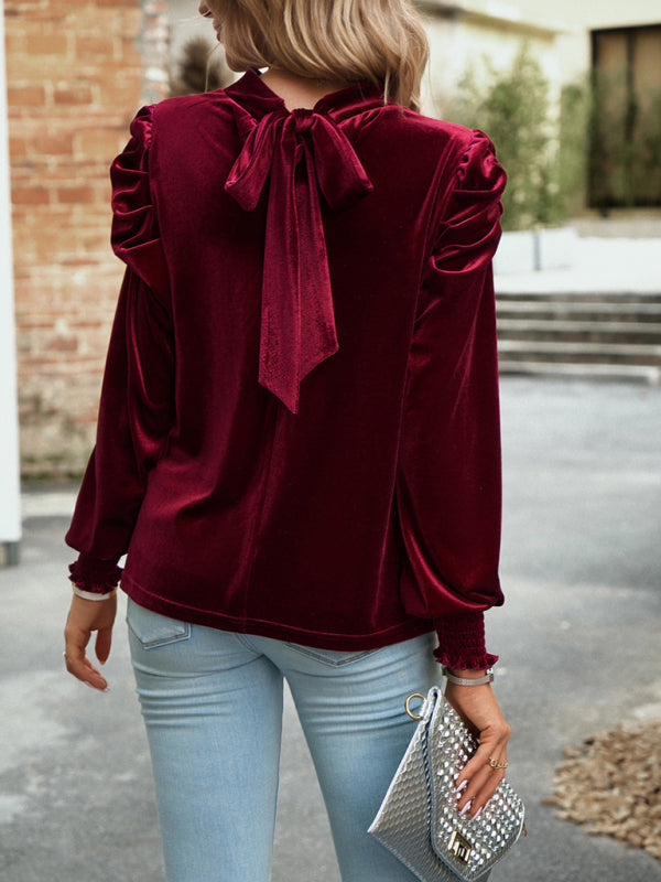Velvet Tops- Winter High Neck Velvet Blouse with Puff Sleeves and Bowknot Back- - Pekosa Women Clothing