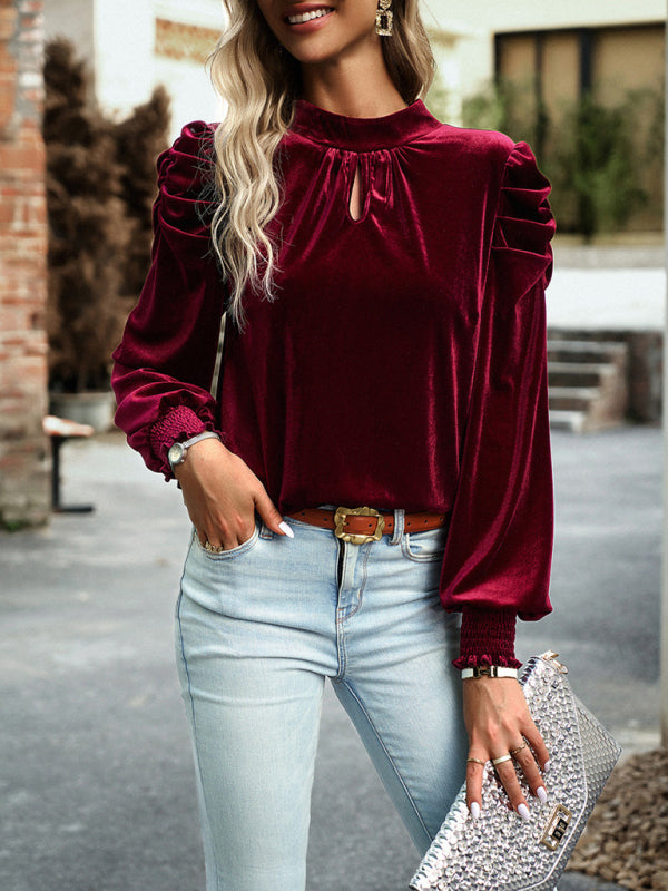 Velvet Tops- Winter High Neck Velvet Blouse with Puff Sleeves and Bowknot Back- - Pekosa Women Clothing