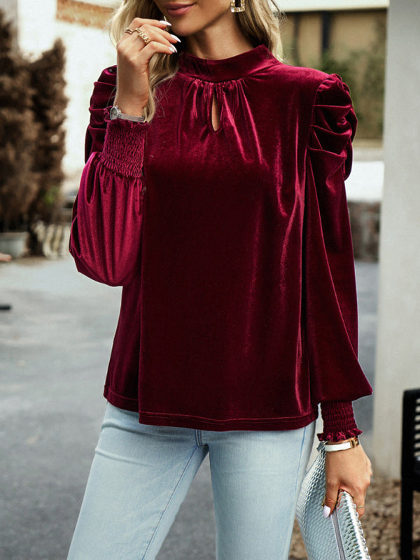 Velvet Tops- Winter High Neck Velvet Blouse with Puff Sleeves and Bowknot Back- - Pekosa Women Clothing