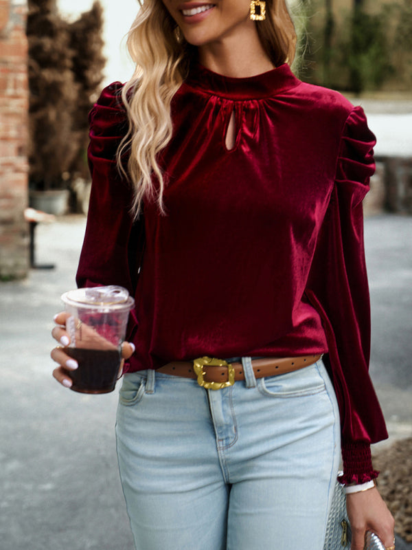 Velvet Tops- Winter High Neck Velvet Blouse with Puff Sleeves and Bowknot Back- - Pekosa Women Clothing