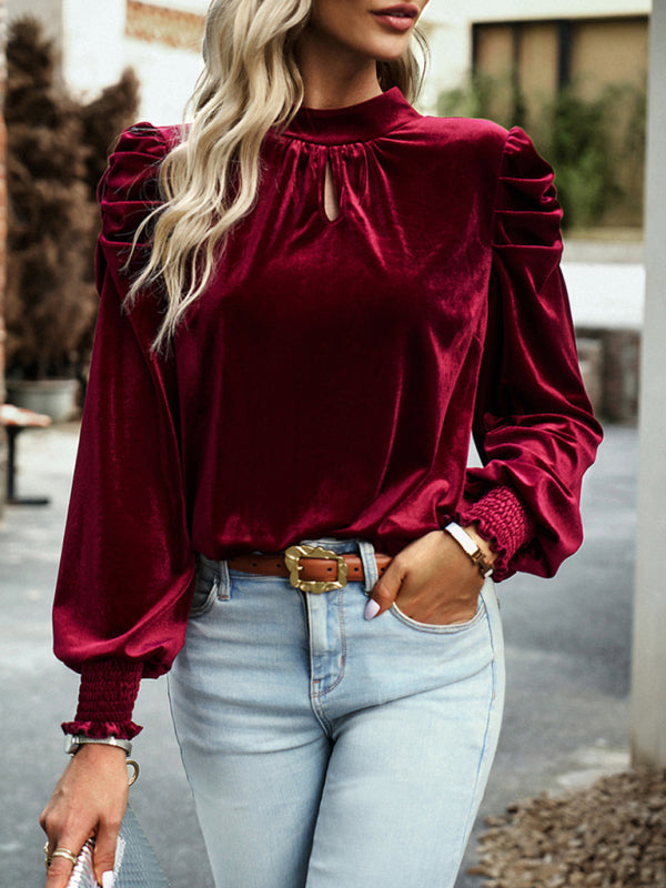 Velvet Tops- Winter High Neck Velvet Blouse with Puff Sleeves and Bowknot Back- Wine Red- Pekosa Women Clothing