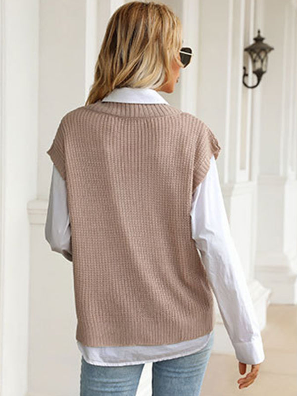 Vest Sweaters- Winter Office Solid-Knitted Waffle Vest V-Neck Sweater- - Pekosa Women Clothing